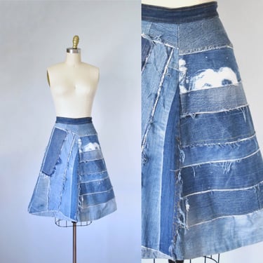 Louise patchwork denim skirt, 90s patchwork skirt, knee length skirt, boho skirt erstwhile style, 90s clothing 