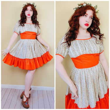 1970s Vintage Orange and Floral Balconette Square Dance Dress / 70s Cotton Calico Puffed Sleeve Fit and Flare Western Dress / Large 