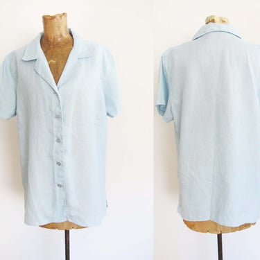 Vintage Light Blue Linen Short Sleeve Shirt M - 1990s Liz Claiborne Pastel Woven Collared Button Up Shirt - Minimalist 