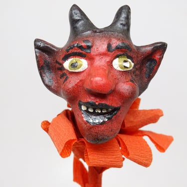 Vintage German Devil for Halloween, Antique Hand Painted Composite Head on Pole, Wooden Base 