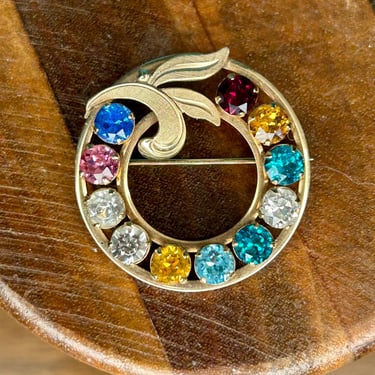 Van Dell 1/20 12k Multi Gemstone Brooch Circle Pin 11 Crystals Vintage Jewelry 