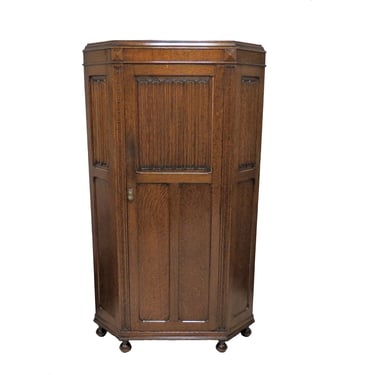 Wood Armoire | Antique English Tiger Oak Hall Wardrobe With Bun Feet and Interior Mirror 