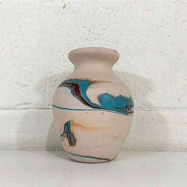 Vintage Nemadji Art Pottery Vase Swirl Handmade USA Flower Sky Blue Swirl Seven Falls Colorado MCM Beige Boho Bohemian 1970s 70s 