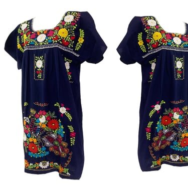Vtg Vintage 1970s 70s Oaxaca Mexico Traditional Peacock Embroidered Tunic Dress 