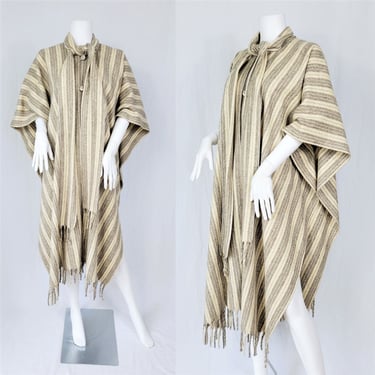 1970's Cream and Brown Woven Wool Striped Fringe Long Cape I Sz O/S I Poncho 