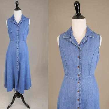 90s Blue Denim Jean Dress - Sleeveless Summer Dress - Button Front - Vintage 1990s - S 