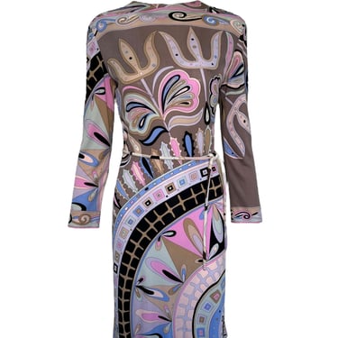 Emilio Pucci Mauve, Pink & Blue Geometric Long Sleeve Dress w/ Belt