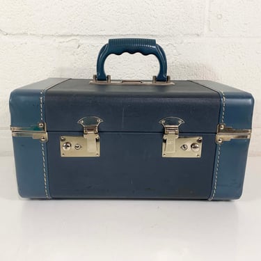 Vintage Crown Blue Train Case Make Up Bag Suitcase Makeup Overnight Bag Luggage Travel 1950s Mirror Vanity 1940s 40s 