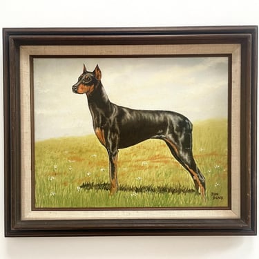 Vintage Doberman Pinscher Painting - Framed on Canvas Dog Portrait Jim Black Full Body 