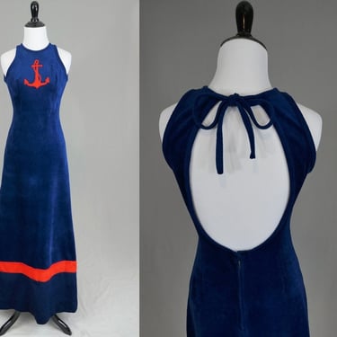 60s 70s Beach Party Dress - Navy Blue Velour w/ Red Anchor - Nautical Theme - Vintage 1960s 1970s - XXS XS 