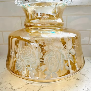Top Shade Replacement Hurricane Lamp GWTW Marigold Tint Luster Glass Frost White Roses Flowers Ruffle Top Edge by LeChalet