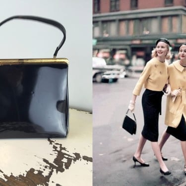 First Trip to the Big Apple - Vintage 1950s 1960s Ink Black Faux Patent Leather Vinyl Handbag Purse 