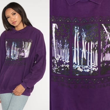 Coeur d'Alene Idaho Sweatshirt 90s Purple Forest Tree Collared Sweatshirt Travel Slouchy Tourist Graphic Cotton Vintage 1990s Extra Large xl 