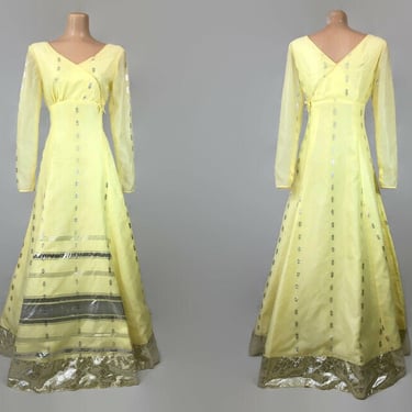 VINTAGE 60s Yellow Chiffon and Silver Metallic Sari Style Formal Dress | 1960s Fit and Flare Sheer Sleeve Full Gown | VFG 