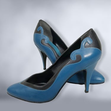 VINTAGE 80s Unique Teal and Black Spike High Heel Shoes Sz 8N By Connie | 1980s Swirly Leather Rocker Pumps | VFG 