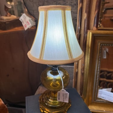 Vintage Amber glass etched lamp 12in tall