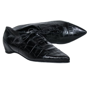 Stuart Weitzman - Black Croc Embossed Leather Flat Shoes Sz 8