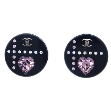 Chanel Button Piercing Earrings Black Rhinestone 04A