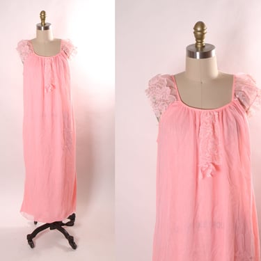 1950s Bright Pink Nylon Floral Lace Trim Short Sleeve Lingerie Night Gown by Berkliff -M 