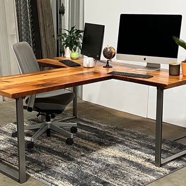 Two Piece T-shaped Desk. Reclaimed wood desk. Wood and steel desk. Industrial desk.  Rustic Desk. Executive desk. Office Desk. 