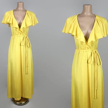 VINTAGE 70s Sunshine Yellow Wrap Midi Dress by Loungees | 1970s Flutter Sleeve Deep V Hostess Gown | Capelet Neckline | vfg 