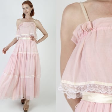 70s Pink Plain Summer Dress / Off The Shoulder Tie Straps / Floor Length Lace Prairie Gown / Full Skirt Loose Fitting Sundress 