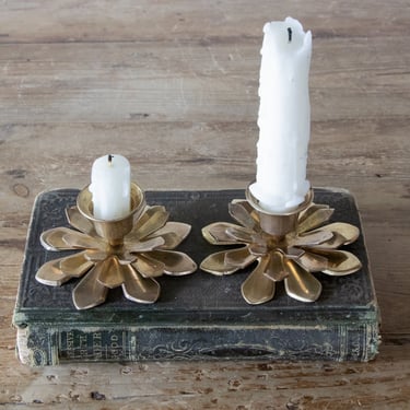 Brass Flower Candle Holders, Pair of Vintage Solid Brass Candlestick Holders 