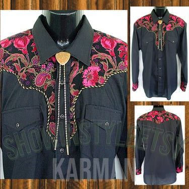 Karman Vintage Western Men's Cowboy & Rodeo Shirt, Black with Pink and Red Printed Yokes, Gold Trim, Approx. Large (see meas. photo) 