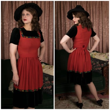 Vintage 1930s Dress - Heathered Grey and Red Woven Wool Late 30s Day Dress with Red Buttons and Wide Belt - and Pockets! 