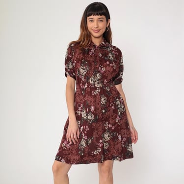 Vintage Semi-Sheer Floral Dress 70s Maroon Mini Bohemian Dress Button Up Boho 1970s High Waisted Short Puff Sleeve Romantic Small Medium 