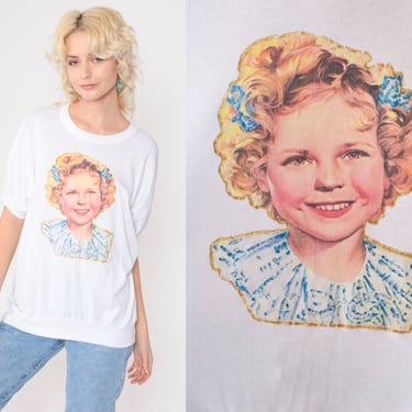 Vintage Shirley Temple Shirt 80s Glittery Old Hollywood Tshirt Graphic Tee Child Actor Slouchy T-Shirt Sparkly White 1980s Extra Large xl 