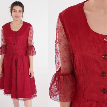 Red Lace Dress 90s Party Dress High Waisted Sheer Sleeve Button up Evening Cocktail Fit and Flare Knee Length Midi Vintage 1990s Medium M 