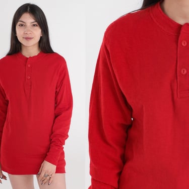 Red Thermal Shirt LL Bean Henley Shirt Cotton Wool Blend Long Sleeve Shirt 80s Button Neck Vintage Plain Long Underwear 1980s Men's Small 