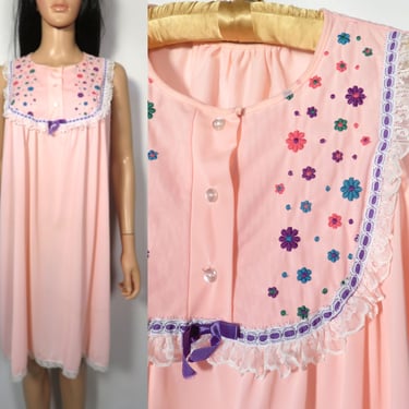 Vintage 60s Mod Flower Power Embroidered Lacey Pink Nightgown Made In USA Size M/L 