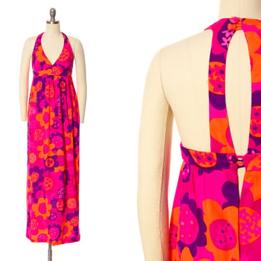 Vintage 1960s 1970s Maxi Dress | 60s 70s Psychedelic Floral Barkcloth Halter Cage Hot Pink Orange Empire Waist Hawaiian Dress (x-small) 