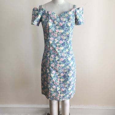 Floral Printed Off-Shoulder Denim Dress - 1980s 
