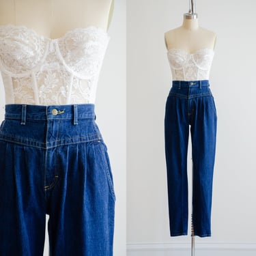 high waisted jeans 80s vintage Lee dark wash pleated basque waist jeans denim trousers 