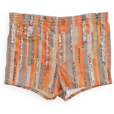 50s shorts / vintage swim shorts / 1950s Pilgrim orange grey mid century Hawaii tiki swim shorts Medium 
