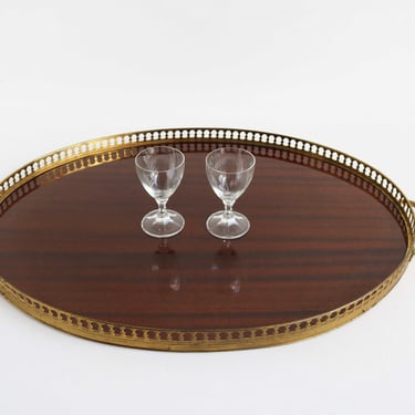 Twin Handle Brass Formica Wood Grain Oval Serving Drinks Tray / Bar Tray Italian Mid-20th Century Modern Style  Afternoon Tea  Regency Style 