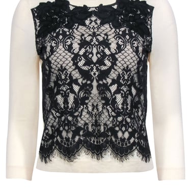 Diane von Furstenberg - Ivory  Wool Blend Sweater w/ Black Lace Detail Sz P