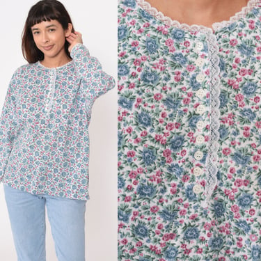Floral Henley Shirt 90s Blue Lace Trim Long Sleeve Sleeve Top Half Button Up Shirt Boho Retro Bohemian Pink Vintage 1990s Plus Size 18W 38 