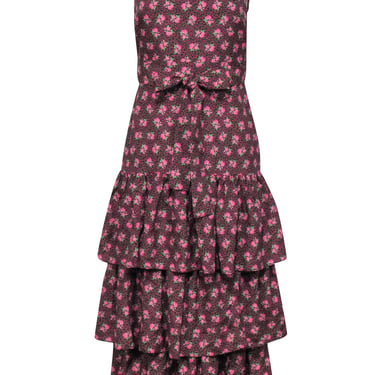 Likely – Pink &amp; Black Ditzy Floral Print w/ Ruffles Midi Dress Sz 4