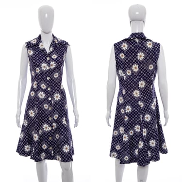 1970's Purple and White Daisy Print Dress Size M