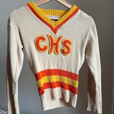 1960’s vintage beige, orange & yellow wool cheerleading sweater 