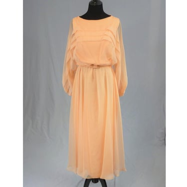 70s Romantic Chiffon Maxi Dress - Light Orange Sherbet Peach - Sheer Sleeves - Party Formal - Vintage 1970s - M 