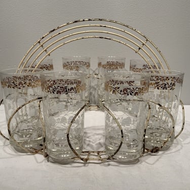 8 Vintage MCM White Gold Beehive glasses with Art Deco Style Wire Caddy Carrier with glassware, unique barware, retro barware, mcm glasses 
