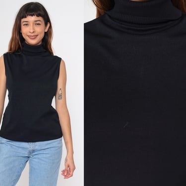 70s Black Turtleneck Top Sleeveless Shirt Retro Blouse High Neck Tank Top Mod Boho Vintage 1970s Polyester Medium 