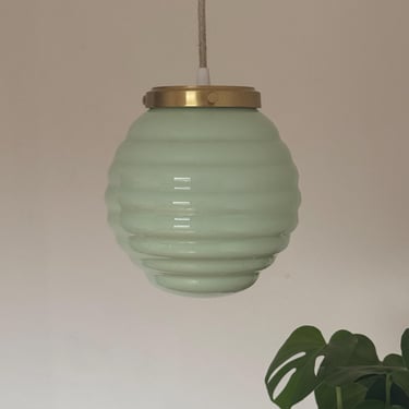 Vintage Green Glass Pendant Lamp / Art Deco Green Globe / Ceiling Lamp / 50s Vintage Lamp / 1950s 