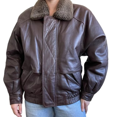 Vintage Womens 80s Bona Bell Brown Soft Leather Oversized Bomber Jacket Sz L 