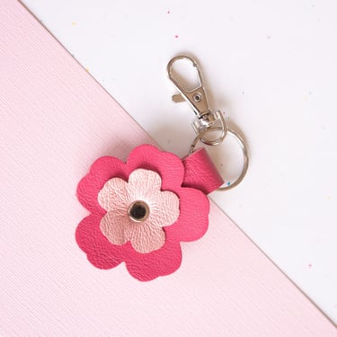 Sakura Flower Keychain - Reclaimed Leather Cherry Blossom Kawaii Design - in Pink 